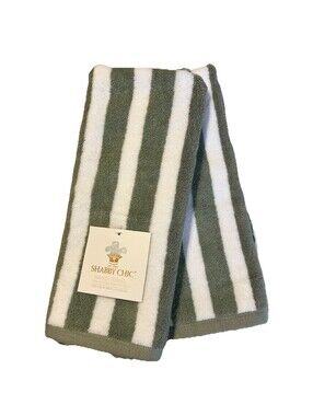 2 Pc Shabby Chic Hand Towel Set Dobby Green White Stripe Quick Dry Cotton NEW